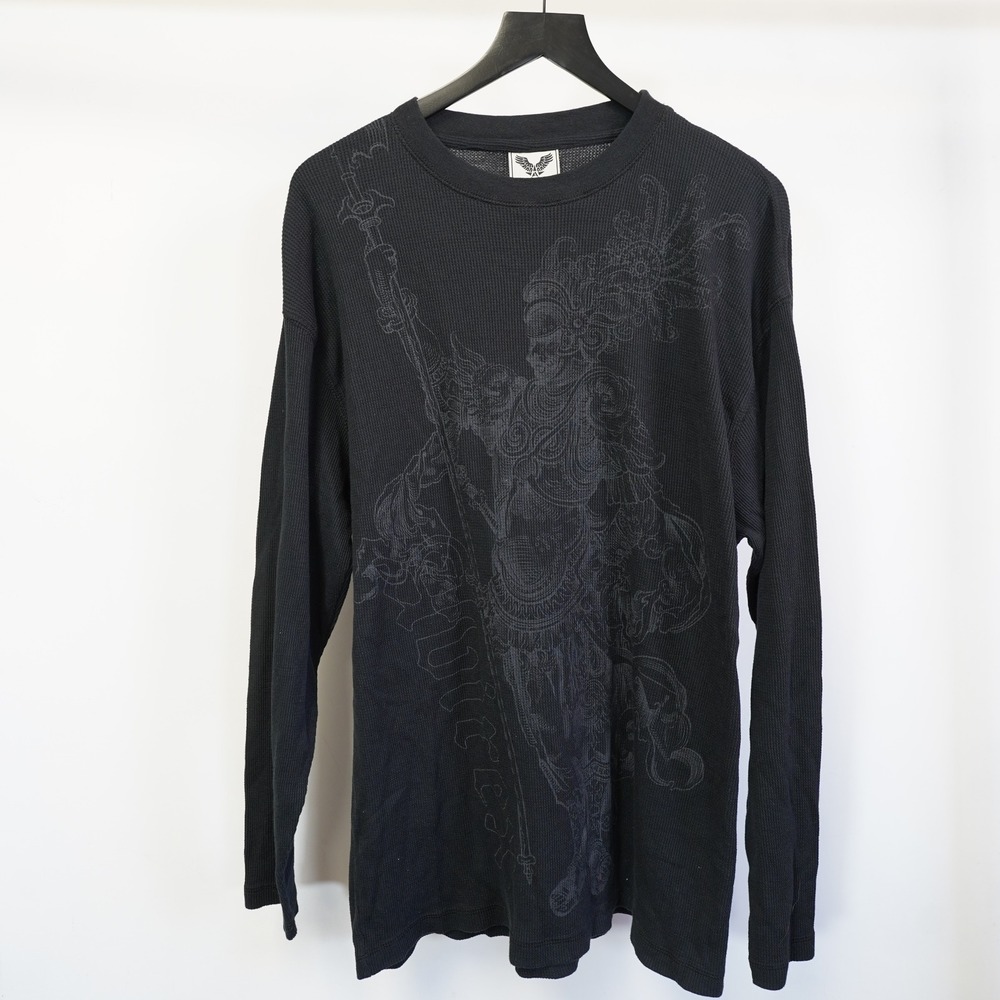 Avirex Mens XL Black Thermal Shirt Y2K Knight Castle Graphic Long Sleeve Waffle